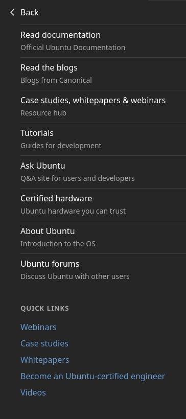 {Screenshot: a support menu at an Ubuntu web page}