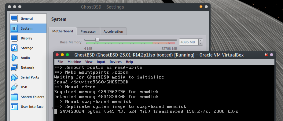 {Screenshot: a VirtualBox guest, booting GhostBSD-25.01-R14.2p1.iso}