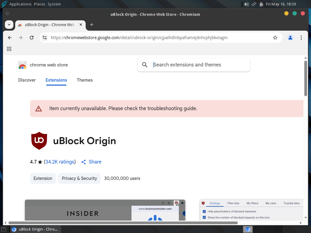 {Screenshot: uBlock Origin is not usable with ungoogled-chromium}