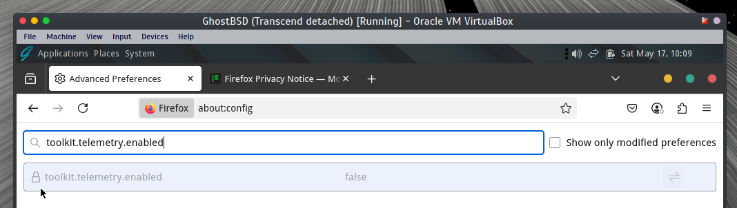 {Screenshot: toolkit.telemetry.enabled is false, can not be true, with Firefox on GhostBSD}