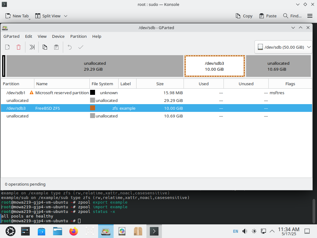 {Screenshot: a pool with multiple file systems, healthy, following a move of the pool's partition by GParted}